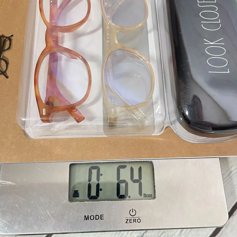 Rae Dunn Premium Blue Light Blocking 0.00 2 Glasses + Case Brown Ivory